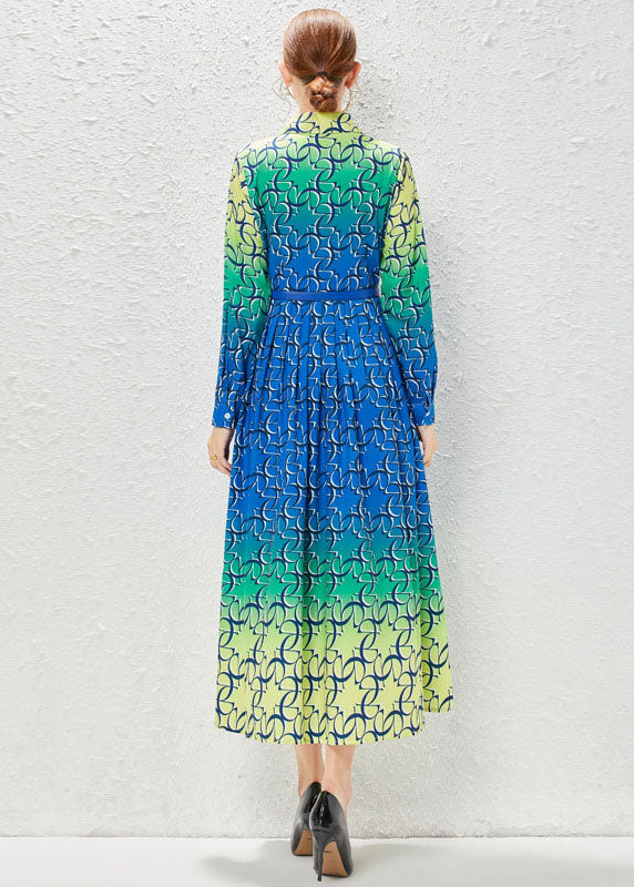 Bohemian Gradient Color Print Patchwork Sashes Chiffon Exra Large Hem Dress Fall