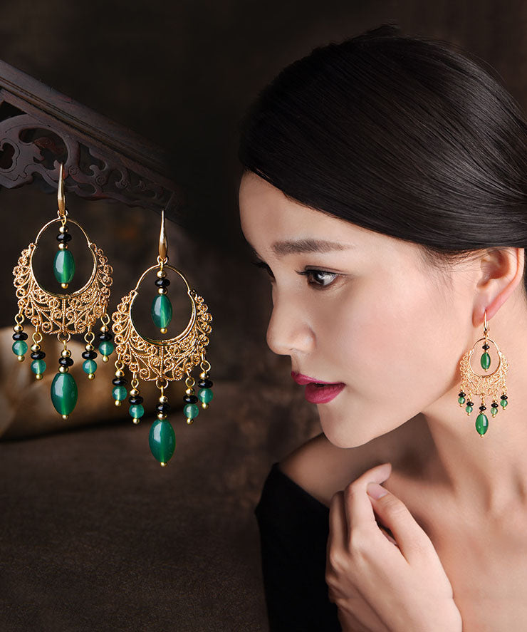 Bohemian Green Agate Tassel 14K Gold Drop Earrings