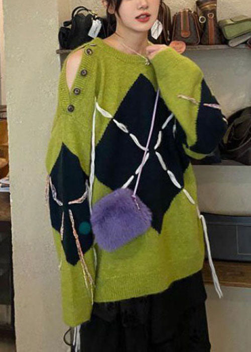 Bohemian Green Cold Shoulder Button Knit top Winter