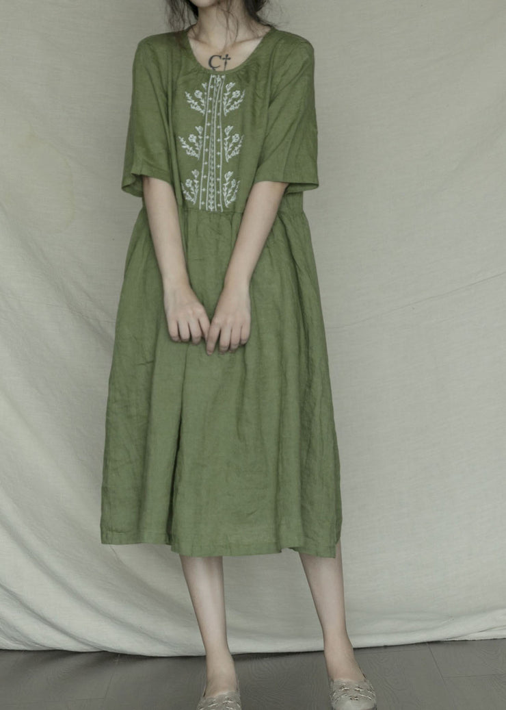 Bohemian Green besticktes lässiges Leinenkleid mit kurzen Ärmeln