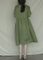 Bohemian Green Print Casual Linen Dress Short Sleeve