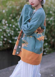 Bohemian Green Floral Button Cotton Knit Sweaters Coats Fall