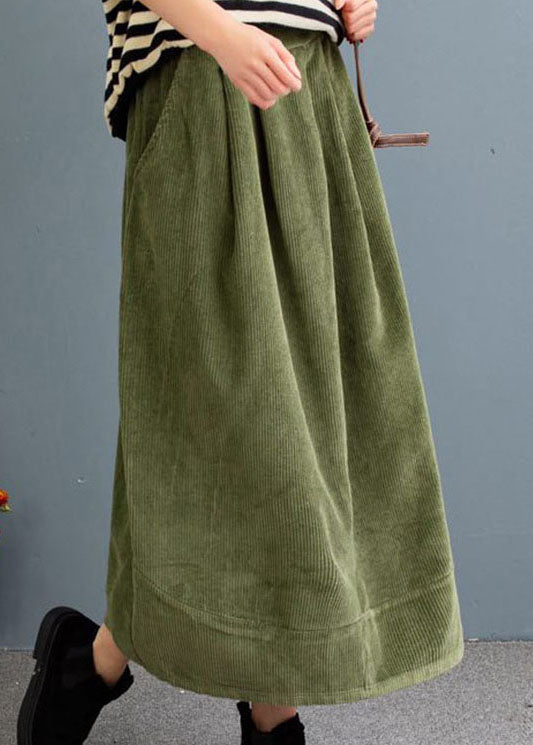Bohemian Green High Waist Pockets Velour A Line Skirts Fall