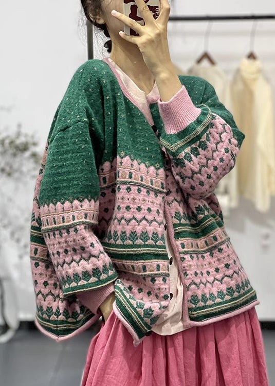 Bohemian Green O Neck Embroidered Button Knit Cardigans Fall