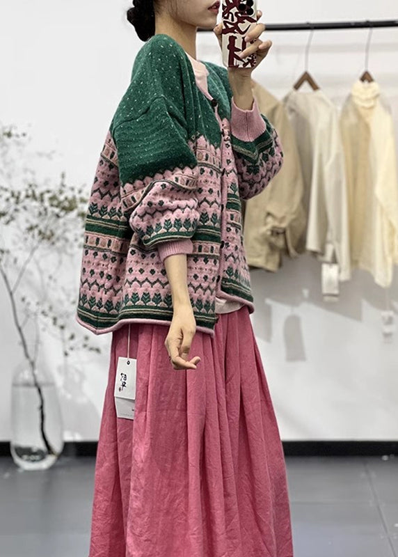Bohemian Green O Neck Embroidered Button Knit Cardigans Fall