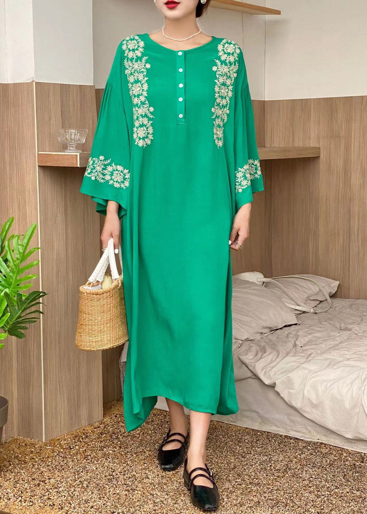 Bohemian Green O-Neck Embroidered Cotton Dress Flare Sleeve