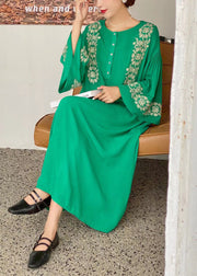 Bohemian Green O-Neck Embroidered Cotton Dress Flare Sleeve
