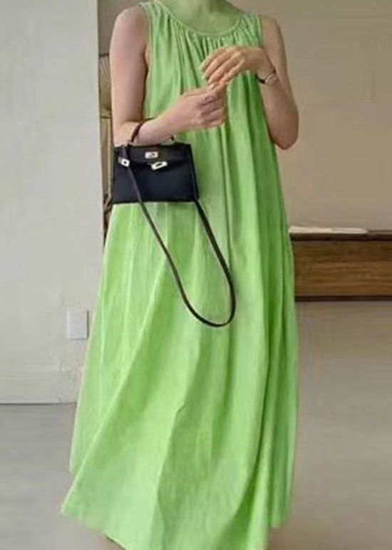 Bohemian Green O Neck Patchwork Wrinkled Cotton Dress Sleeveless