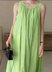 Bohemian Green O Neck Patchwork Wrinkled Cotton Dress Sleeveless