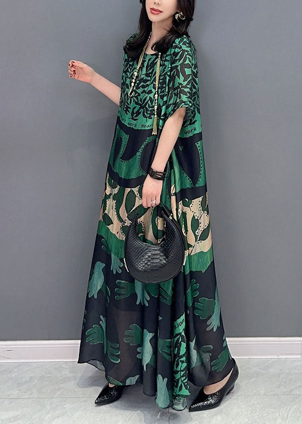 Bohemian Green O Neck Pockets Print Patchwork Silk Long Dresses Summer