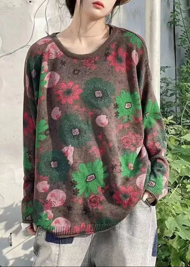 Bohemian Green O-Neck Print Knit Sweater Tops Winter