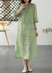 Bohemian Green O Neck Print Patchwork Linen Dresses Summer
