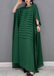 Bohemian Green O-Neck Striped Chiffon Ankle Dress Fledermausärmel