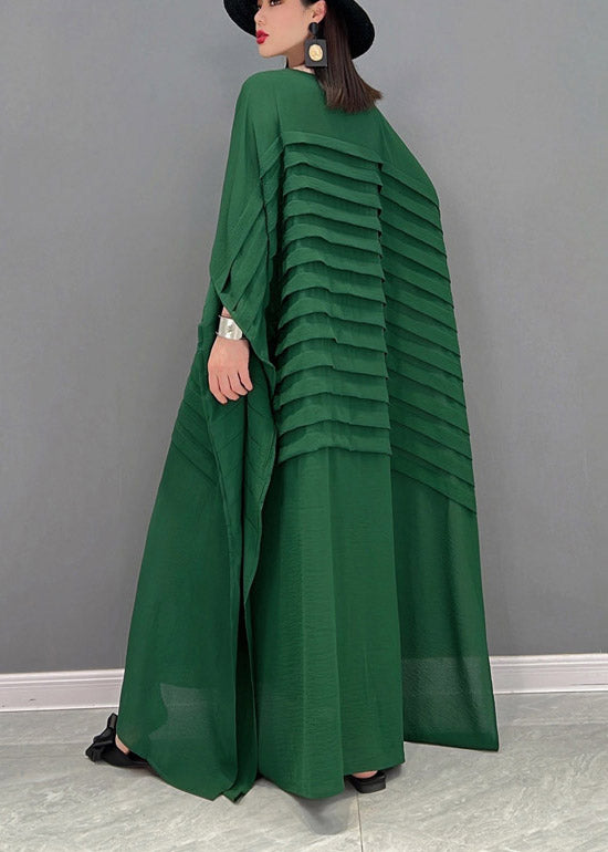 Bohemian Green O-Neck Striped Chiffon Ankle Dress Fledermausärmel