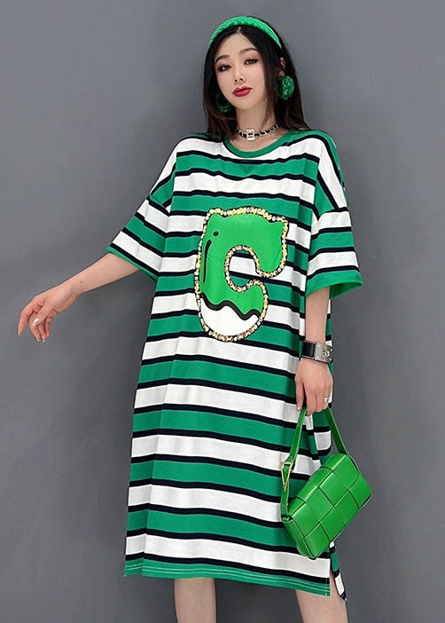 Bohemian Green O-Neck Striped Print Cotton Loose Dresses Short Sleeve