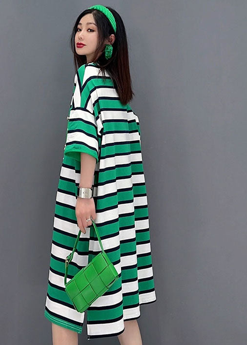 Bohemian Green O-Neck Striped Print Cotton Loose Dresses Short Sleeve