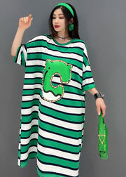 Bohemian Green O-Neck Striped Print Cotton Loose Kleider Short Sleeve