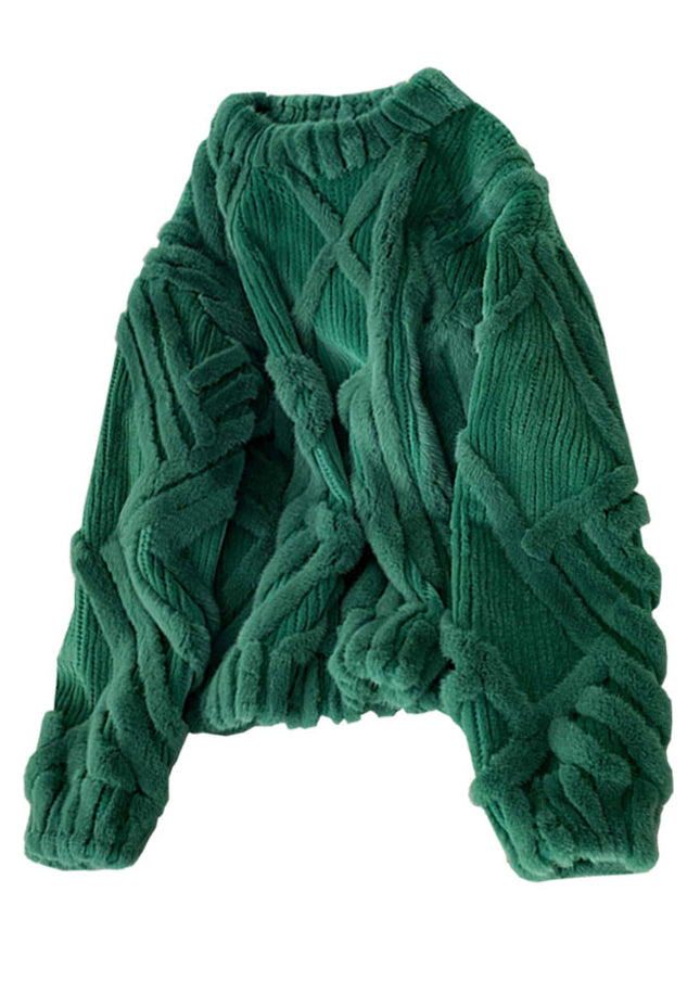 Bohemian Green O-Neck Thick Cable Knit Sweater Fall