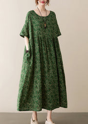 Bohemian Green O-Neck Knitter Extra Großer Saum Print Baumwolle Langes Kleid Sommer