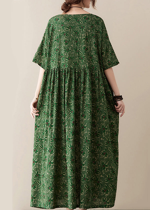 Bohemian Green O-Neck Knitter Extra Großer Saum Print Baumwolle Langes Kleid Sommer