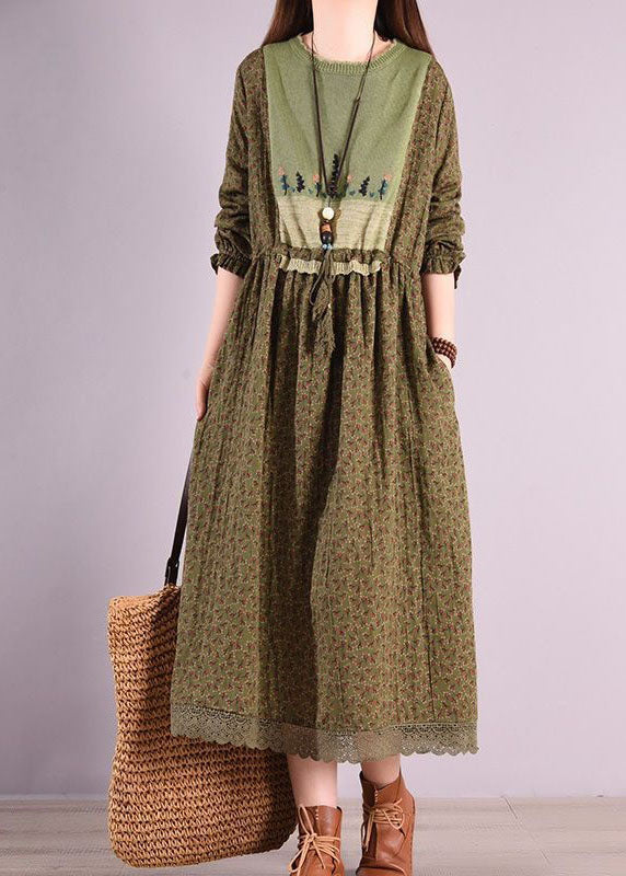 Bohemian Green O Neck Wrinkled Print Patchwork Linen Long Dress Spring