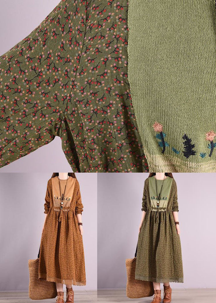 Bohemian Green O Neck Wrinkled Print Patchwork Linen Long Dress Spring