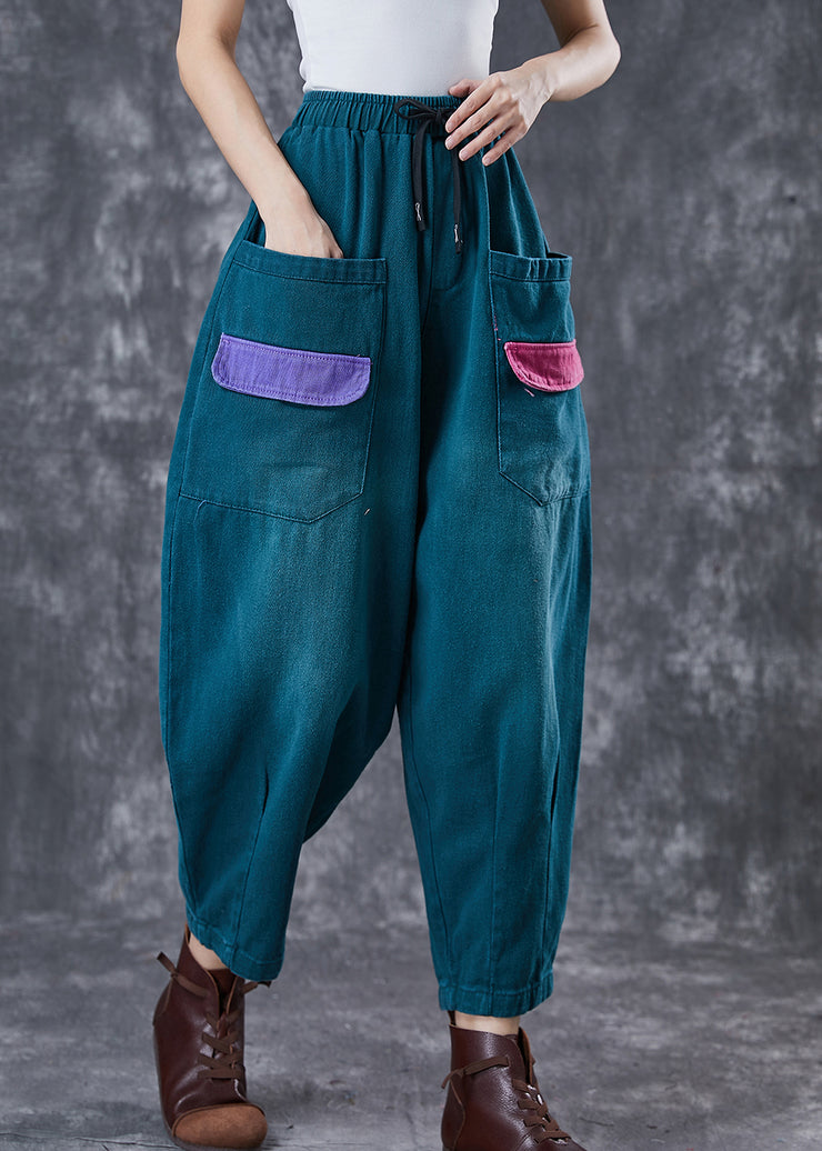 Bohemian Green Oversized Patchwork Pockets Cotton Harem Pants Spring