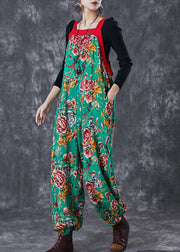 Bohemian Green Oversized Print Cotton Overalls Jumpsuit Fall