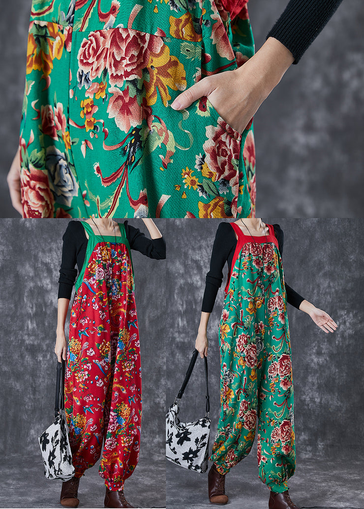 Bohemian Green Oversized Print Cotton Overalls Jumpsuit Fall