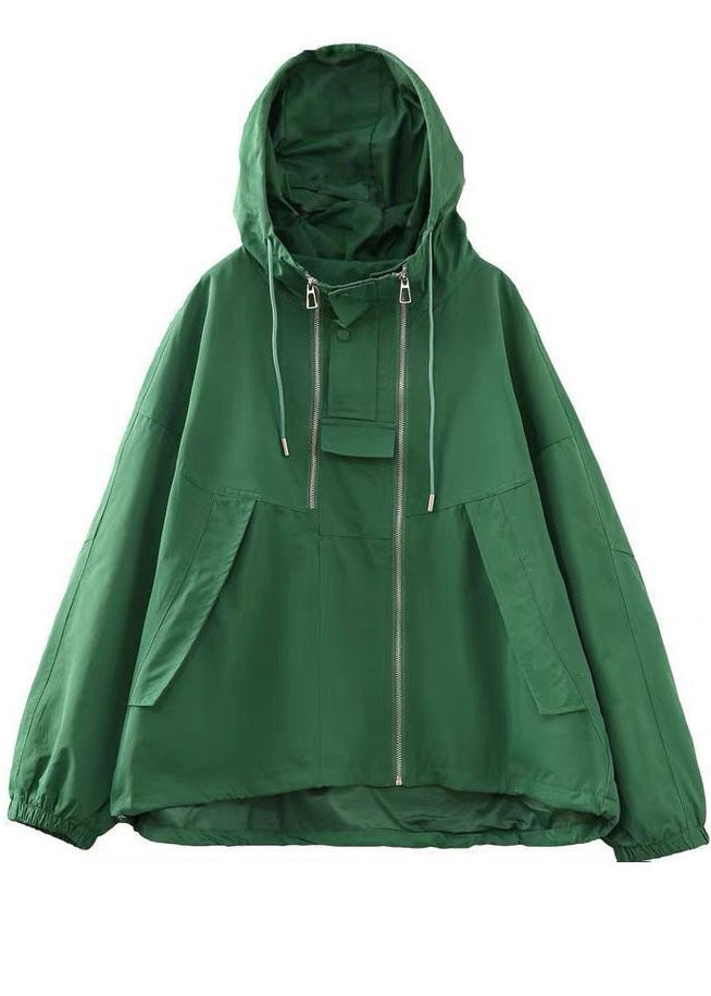 Bohemian Green Oversized Zippered Drawstring Cotton Hooded Coat Long Sleeve