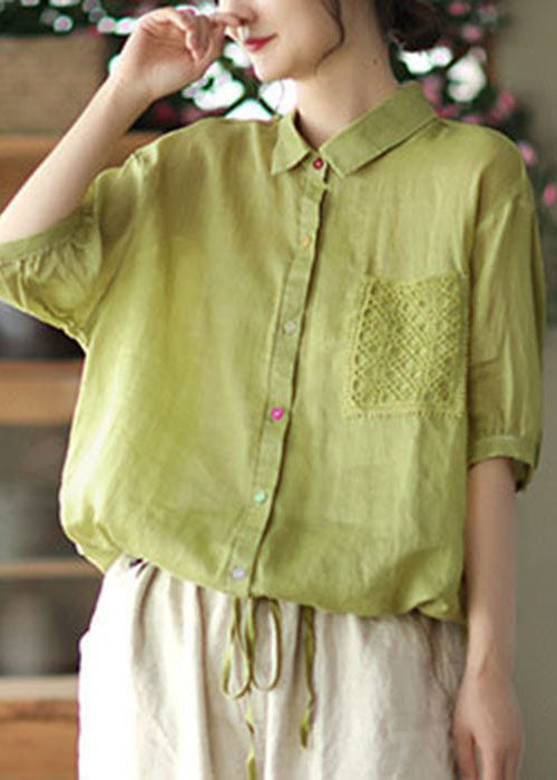Bohemian Green Peter Pan Collar Drawstring Button Linen Shirt Top Short Sleeve