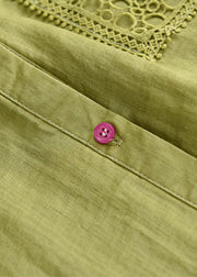 Bohemian Green Peter Pan Collar Drawstring Button Linen Shirt Top Short Sleeve