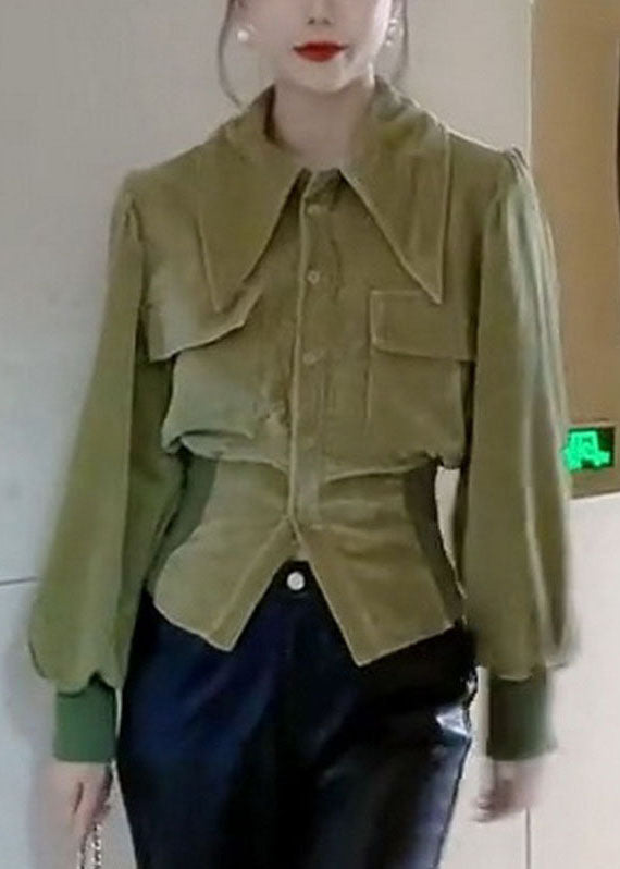 Bohemian Green Peter Pan Collar Patchwork Velour Shirt Tops Long sleeve