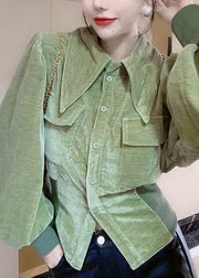 Bohemian Green Peter Pan Collar Patchwork Velour Shirt Tops Long sleeve
