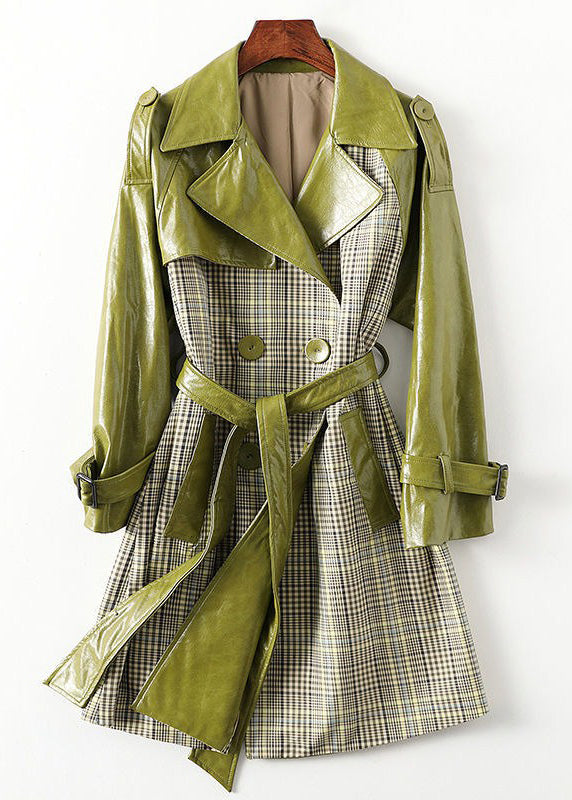 Bohemian Green Peter Pan Collar Striped Patchwork Tie Waist Button Pockets Leather Trench Coats Long Sleeve