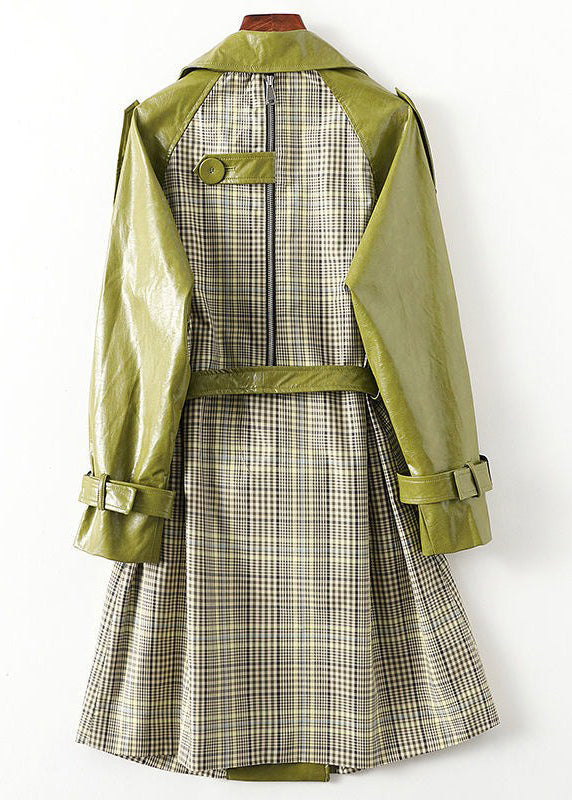 Bohemian Green Peter Pan Collar Striped Patchwork Tie Waist Button Pockets Leather Trench Coats Long Sleeve