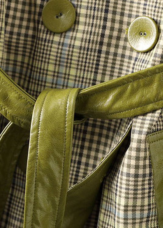 Böhmischer grüner Peter-Pan-Kragen, gestreiftes Patchwork, Krawatte, Taille, Knopftaschen, Leder-Trenchcoats mit langen Ärmeln
