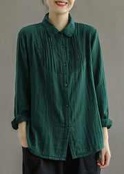 Bohemian Green Peter Pan Collar Wrinkled Solid Cotton Blouses Long Sleeve
