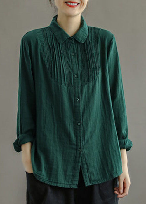 Bohemian Green Peter Pan Collar Wrinkled Solid Cotton Blouses Long Sleeve