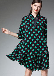 Bohemian Green Plaid Fashion Chiffon Fall Zippered Party Dresses Half Sleeve - SooLinen