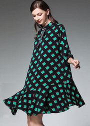 Bohemian Green Plaid Fashion Chiffon Fall Zippered Party Dresses Half Sleeve - SooLinen
