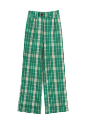 Bohemian Green Plaid high waist straight pants Spring