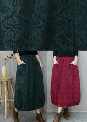 Bohemian Green Pockets Jacquard Cotton Skirts Winter