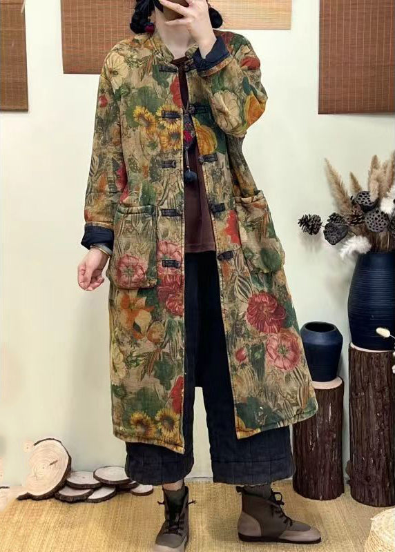 Bohemian Green Pockets Print Chinese Button Fine Cotton Filled Coat Winter