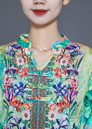 Bohemian Green Print Chinese Button Chiffon Party Dress Summer