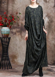 Bohemian Green Print O Neck Asymmetric Robes Dresses - SooLinen