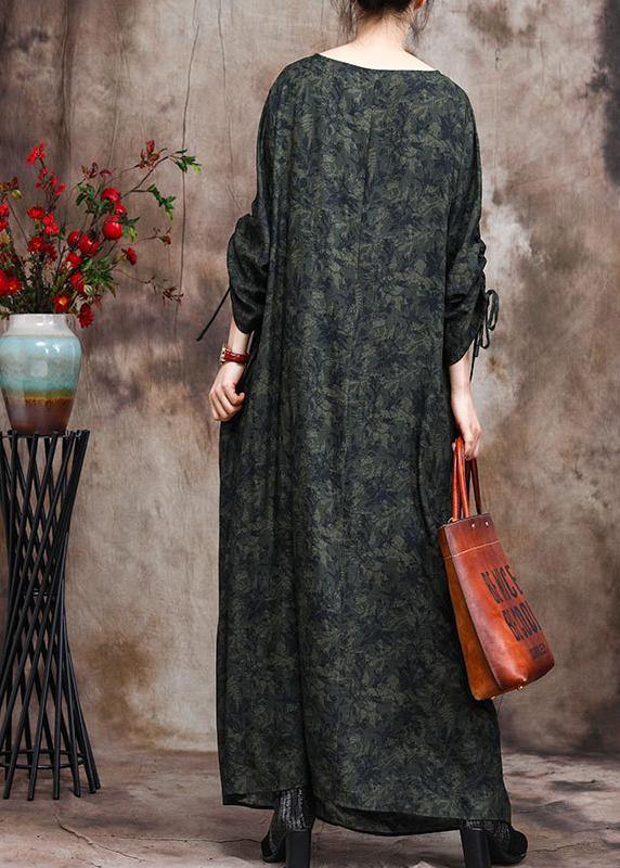 Bohemian Green Print O Neck Asymmetric Robes Dresses - SooLinen