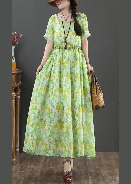 Bohemian Green Print Linen tie waist Summer Dress - SooLinen