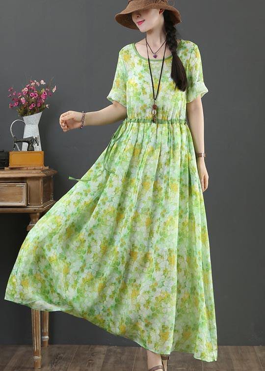 Bohemian Green Print Linen tie waist Summer Dress - SooLinen