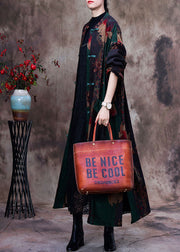 Bohemian Green Print Patchwork Side Open Oriental Button Cotton Trench Coat Long Sleeve